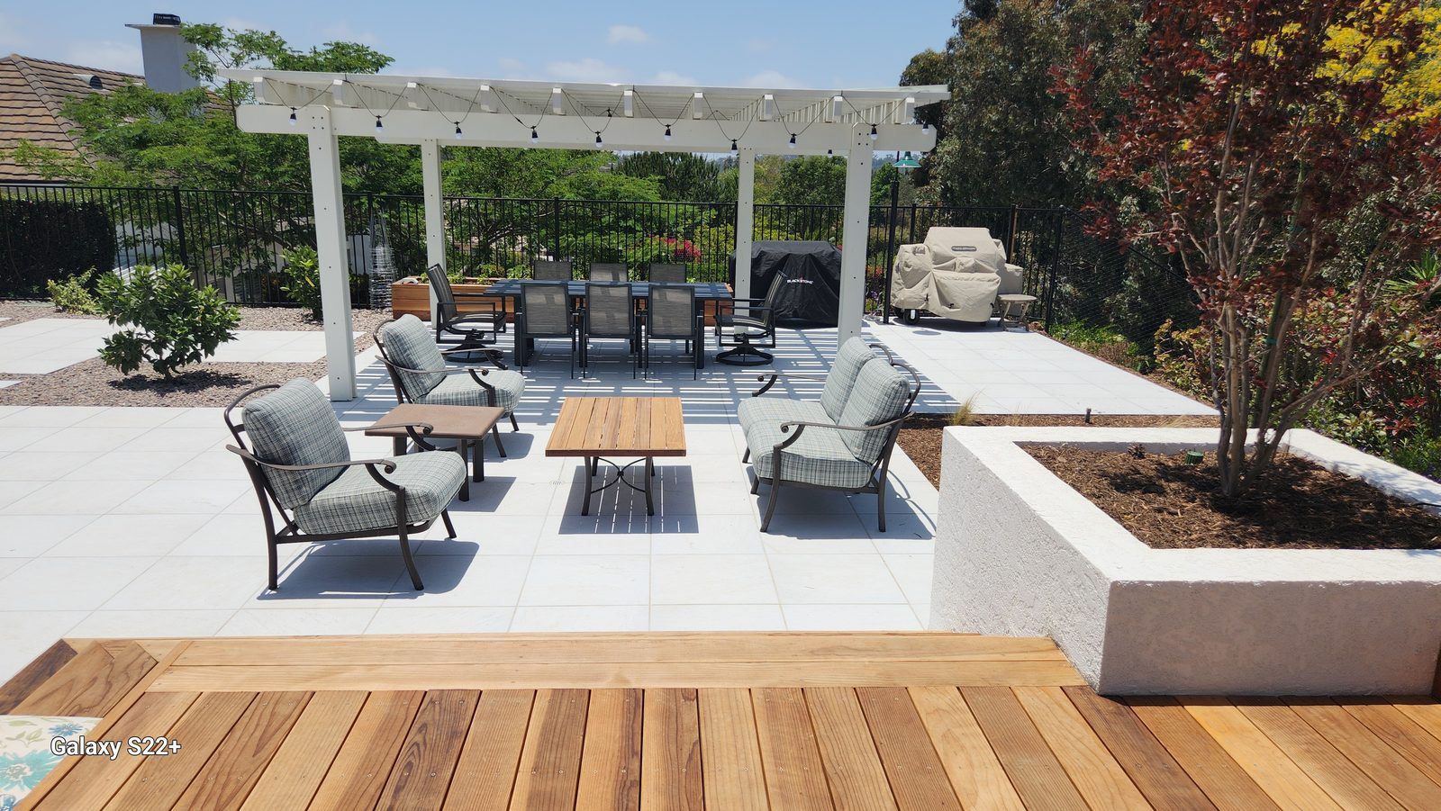 Meyers Residence &mdash; Pergola-covered kitchen on the ipe deck